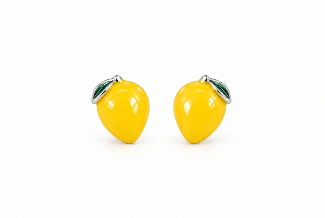 Mango-Shaped Stud Earrings with Green Leaf Detail